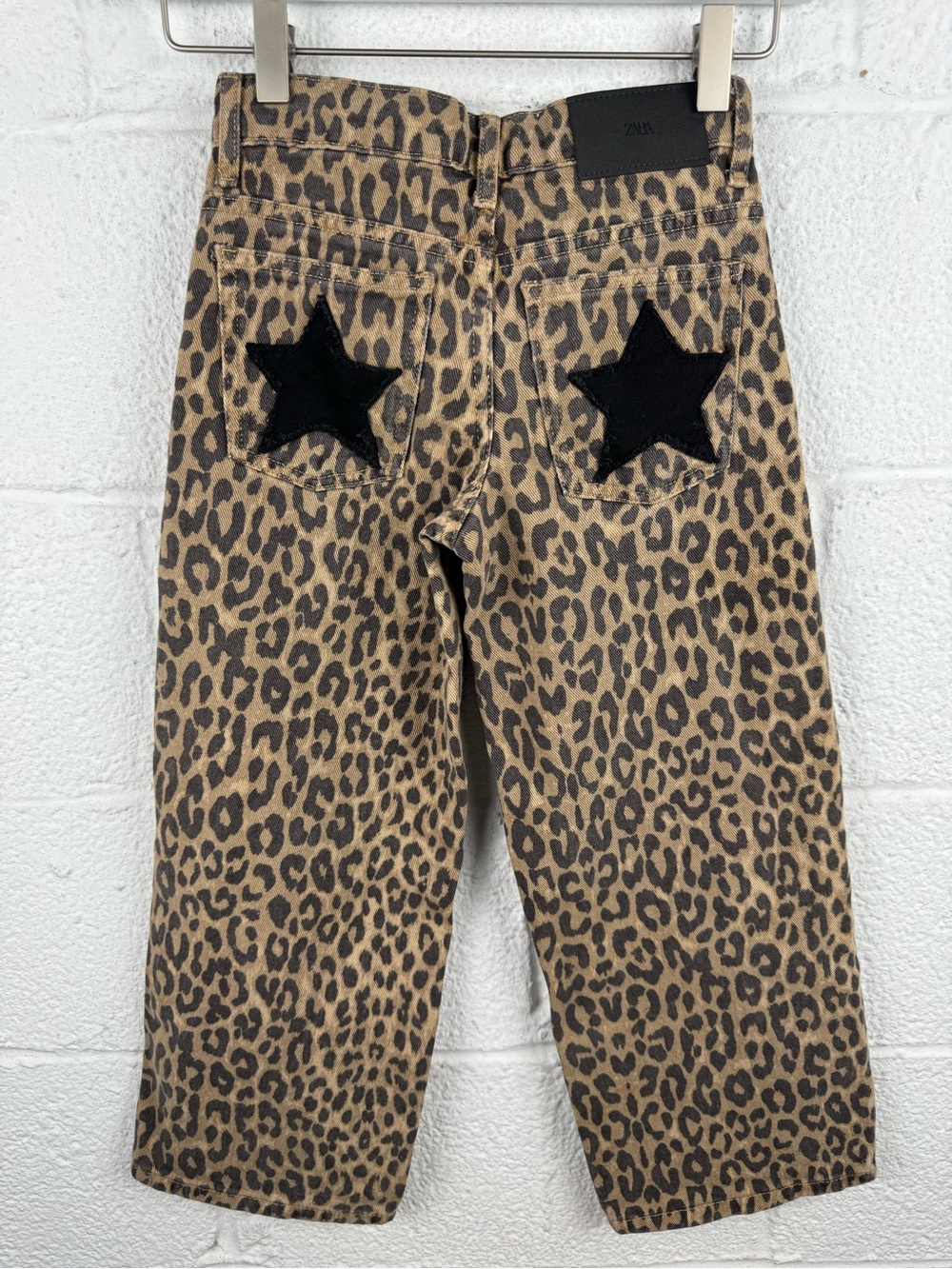 ZARA Kids Leopard Animal Print Wide Leg Star Patch Jeans 6-7Y 122cm